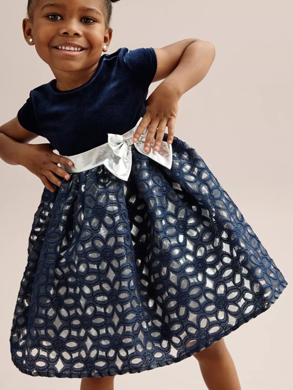 Blueberi Boulevard Navy Dress with Silver Bow for Toddlers Girls Size 24M